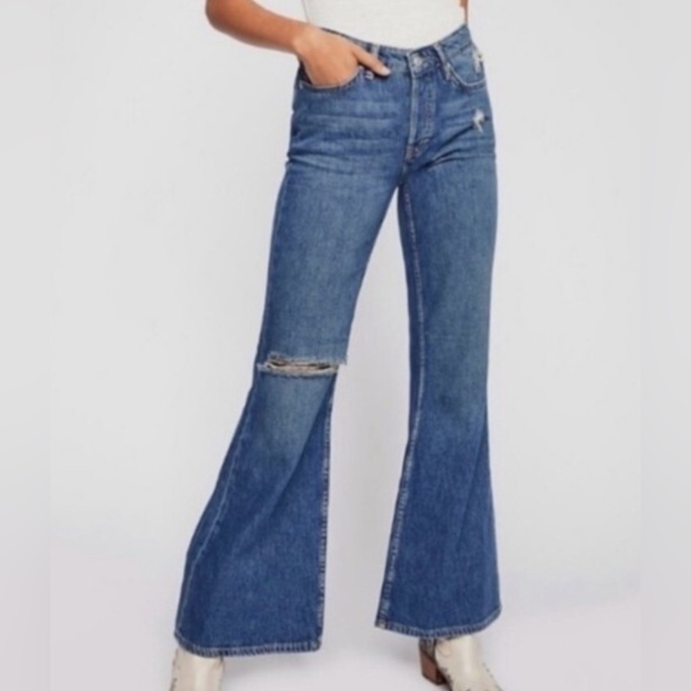 We The Free Blue Distressed Flare Jeans